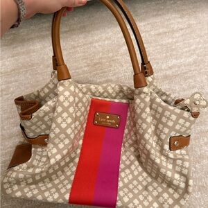 Kate Spade Tan Tote with Pink and Red Stripe